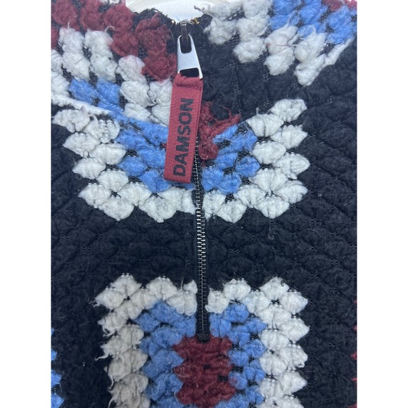 Damson Madder Granny Square Quarter Zip Fleece Pullover 8 Folkloric Artsy Afghan - Picture 4 of 10